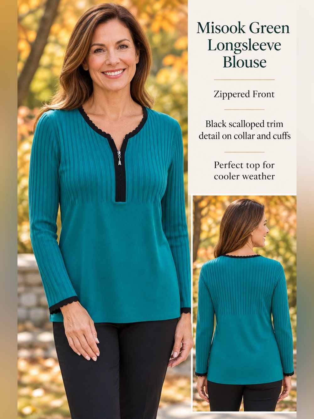 Misook Teal Ribbed Zip-Front Long Sleeve Top with Black Trim - Large